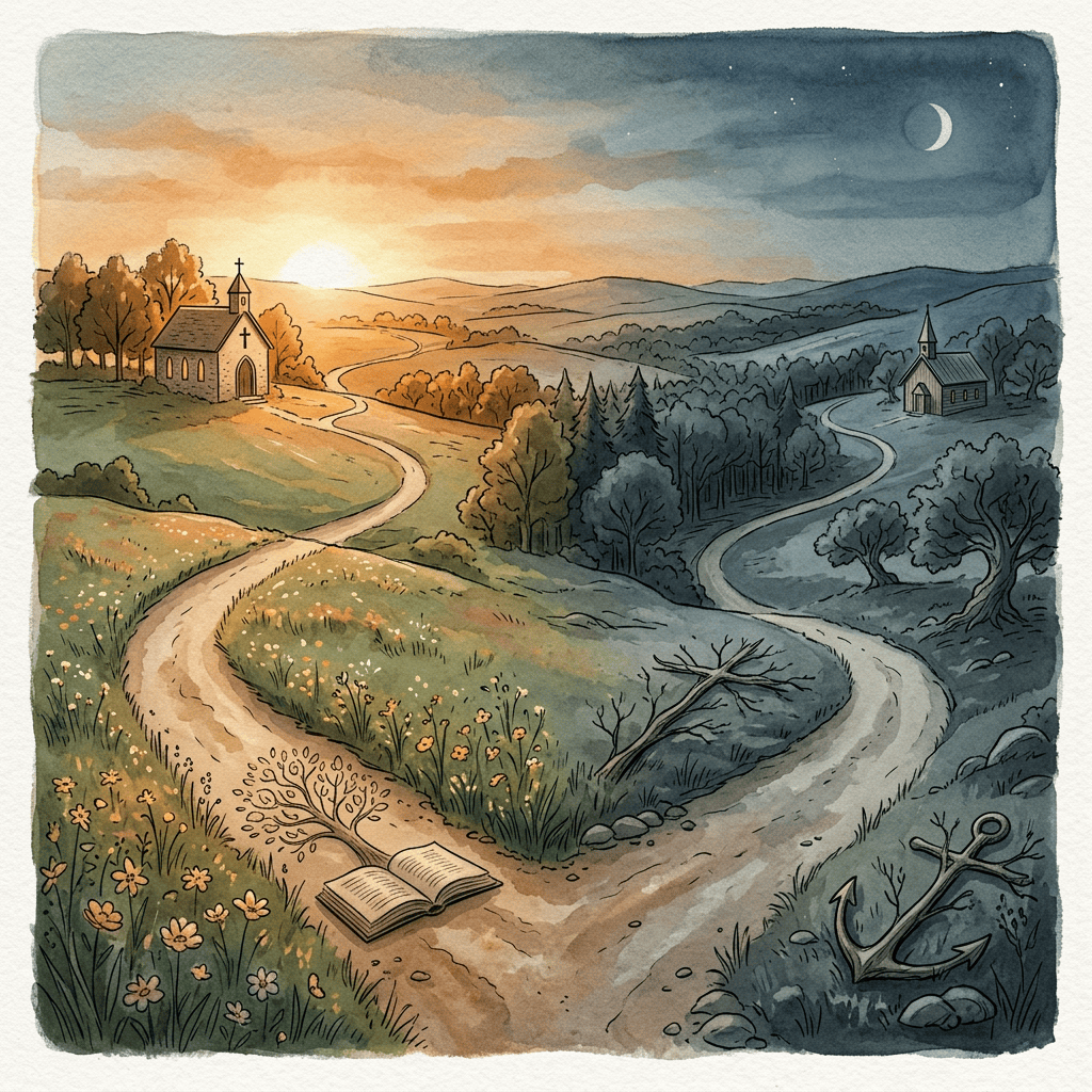 Forked paths lead toward churches beneath sunrise and moonlight, with book and anchor